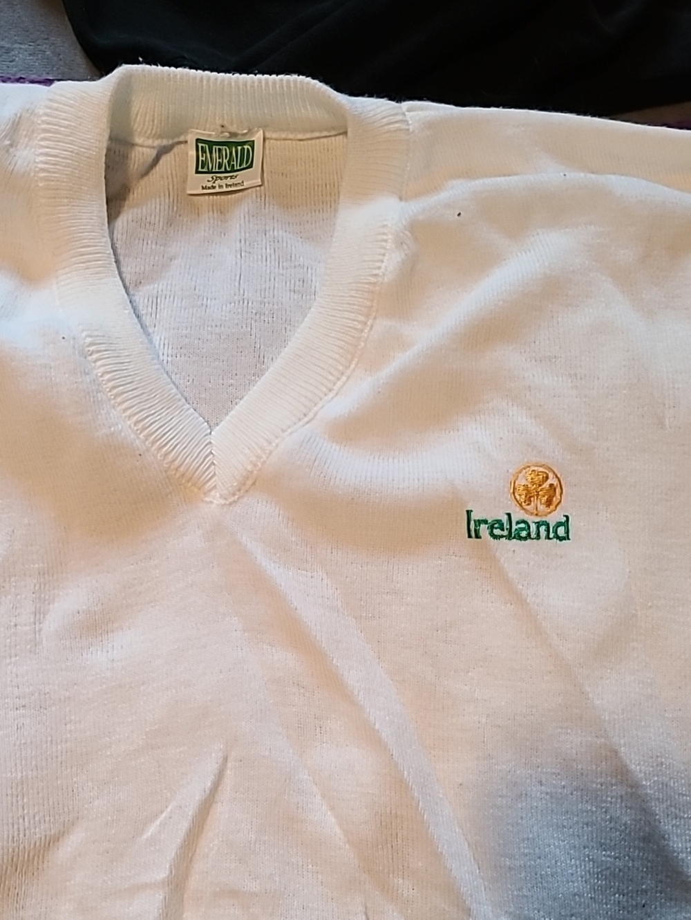 Emerald White V-Neck Sweater with Green Ireland Embroidery